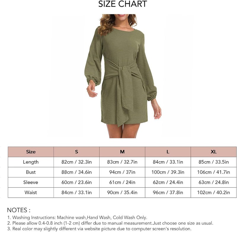 woobles Cocktail Dress, Tie Waist Stretchy Pure Color Long Lantern Sleeve Short Dress Crewneck Polyester for Dating M - Image 4